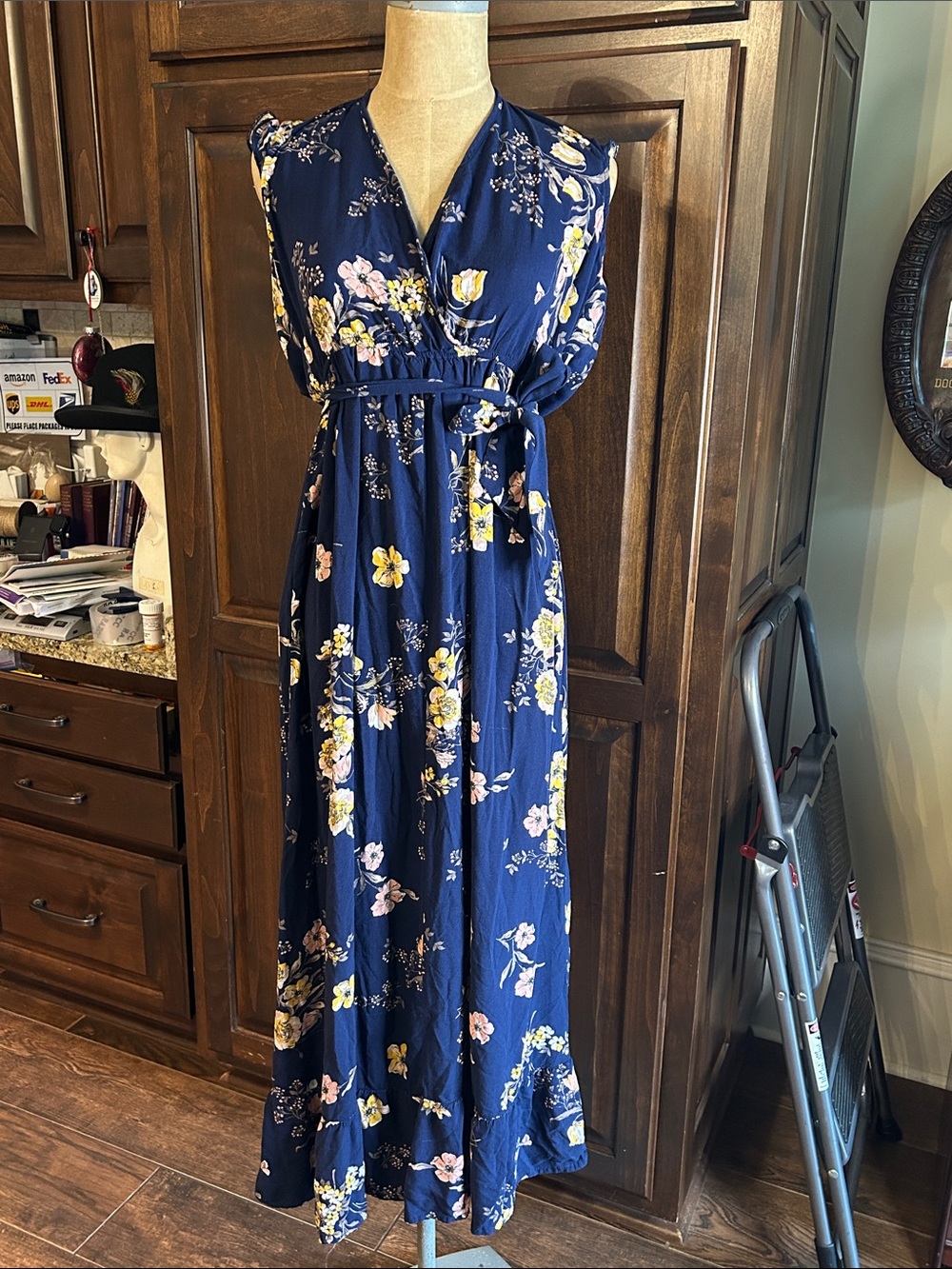 Band of Gypsies Sz S Navy Floral Midi Wrap Style Backless Dress Flutter Sleeve